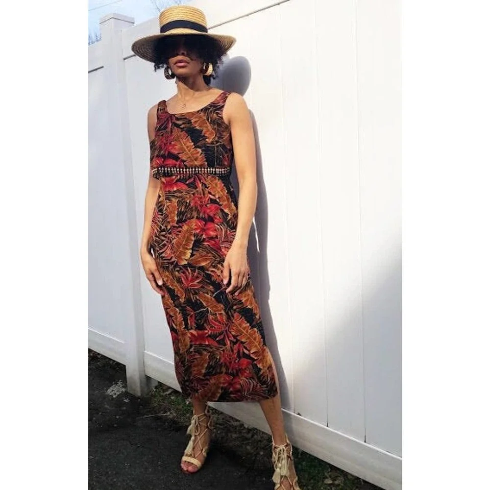 90s Tradition Leaf Print Beaded Dress (6P) - Picture 2 of 3